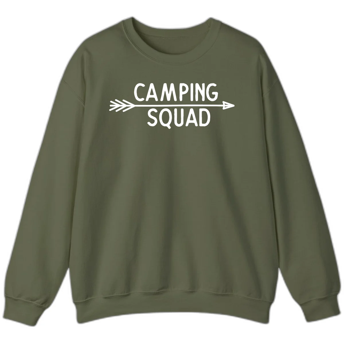 White text reading 'Camping Squad' with a horizontal arrow running through it on gray background in Military Green
