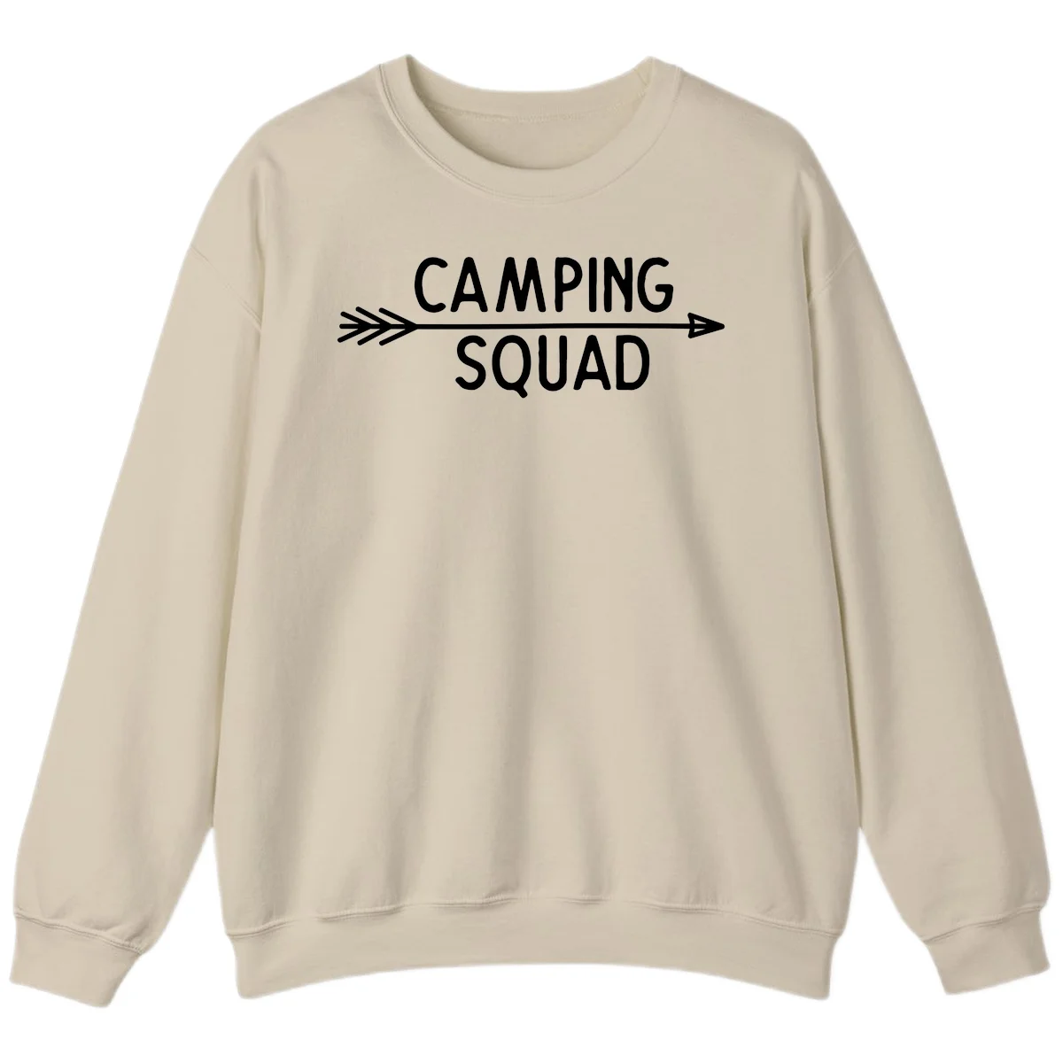 White text reading 'Camping Squad' with a horizontal arrow running through it on gray background in Sand