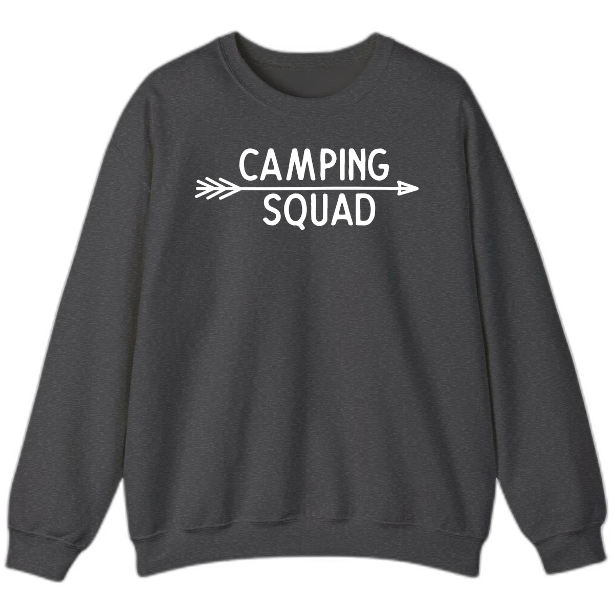 White text reading 'Camping Squad' with a horizontal arrow running through it on gray background in Dark Heather