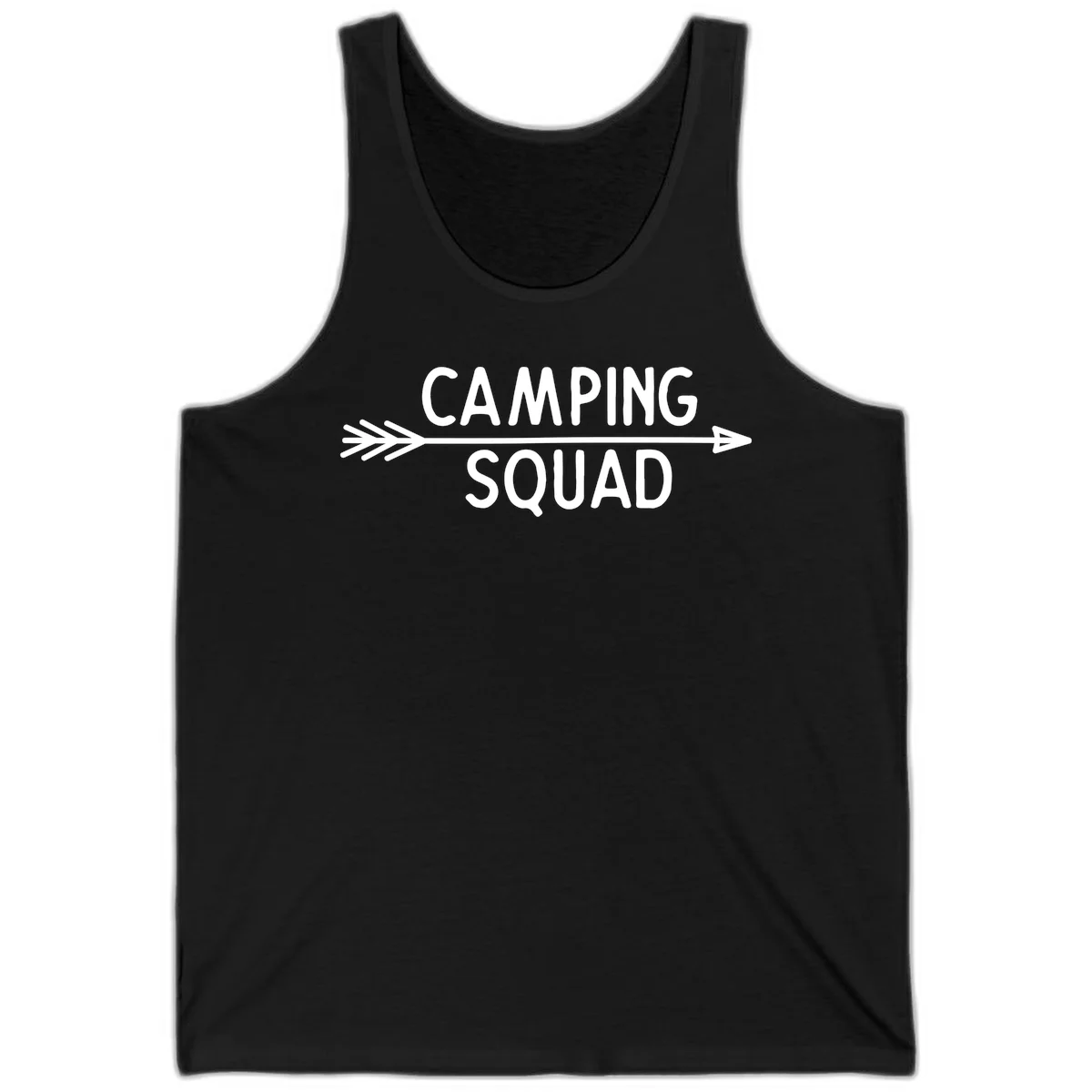 White text reading 'Camping Squad' with a horizontal arrow running through it on gray background in Black