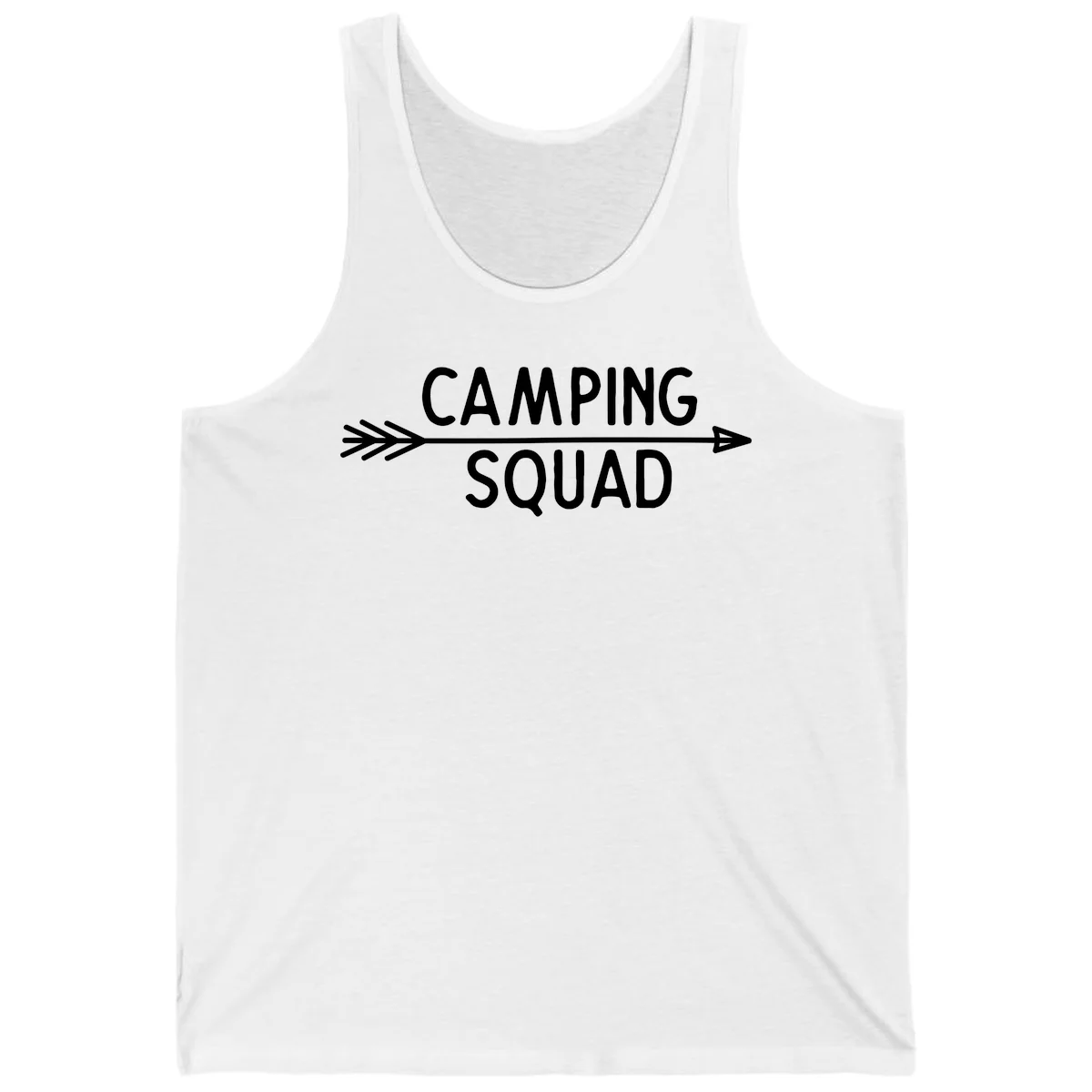 White text reading 'Camping Squad' with a horizontal arrow running through it on gray background in White