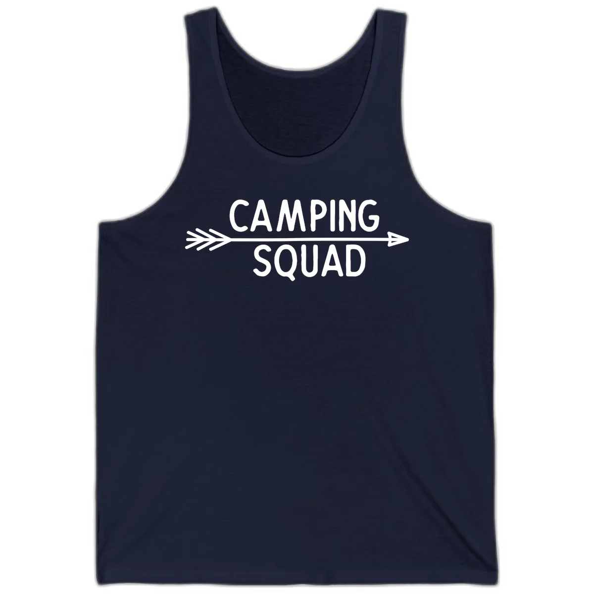 White text reading 'Camping Squad' with a horizontal arrow running through it on gray background in Navy