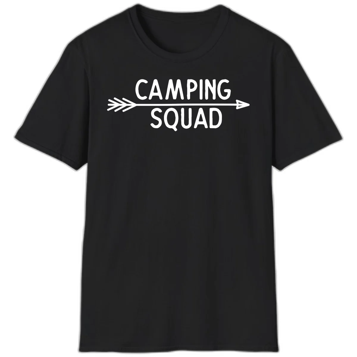 White text reading 'Camping Squad' with a horizontal arrow running through it on gray background in Black