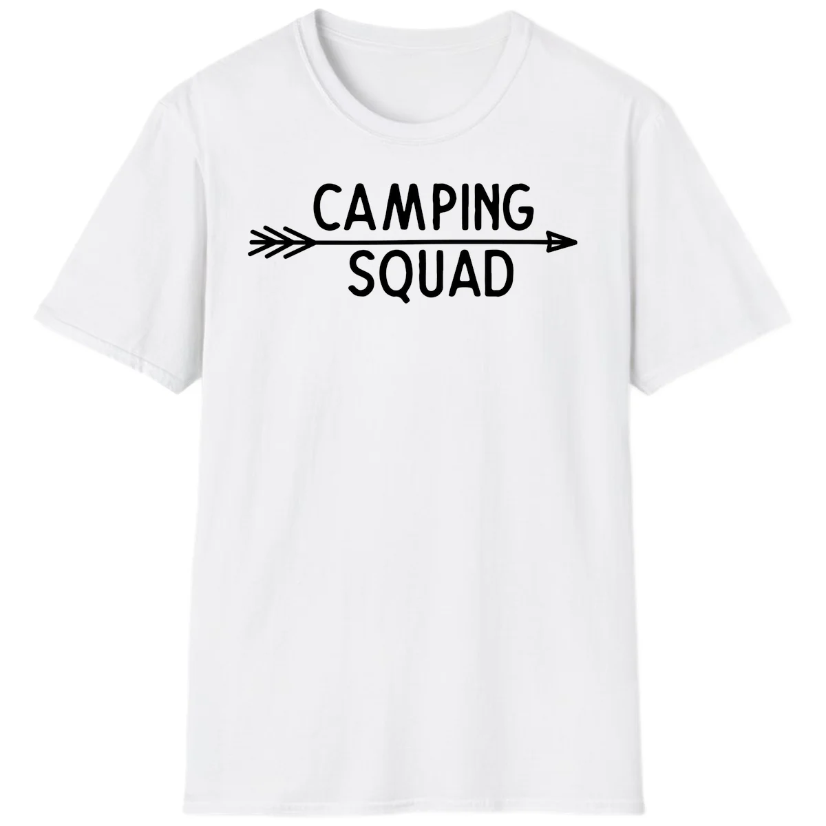 White text reading 'Camping Squad' with a horizontal arrow running through it on gray background in White