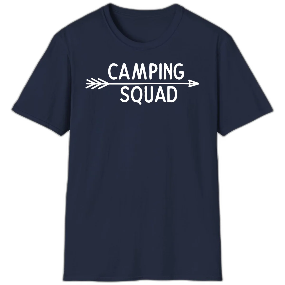 White text reading 'Camping Squad' with a horizontal arrow running through it on gray background in Navy
