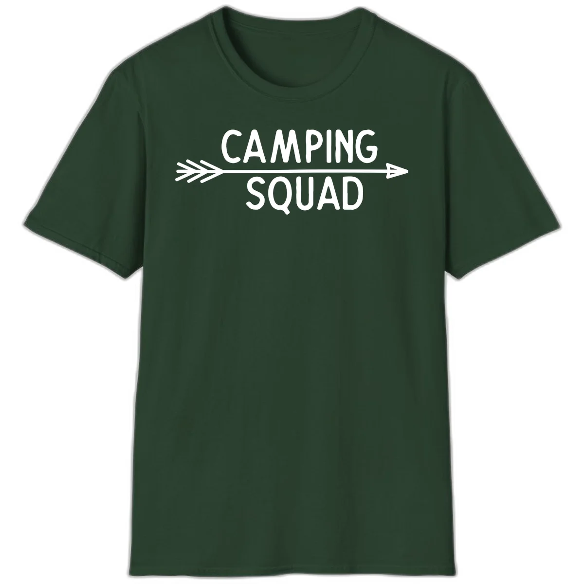 White text reading 'Camping Squad' with a horizontal arrow running through it on gray background in Forest Green