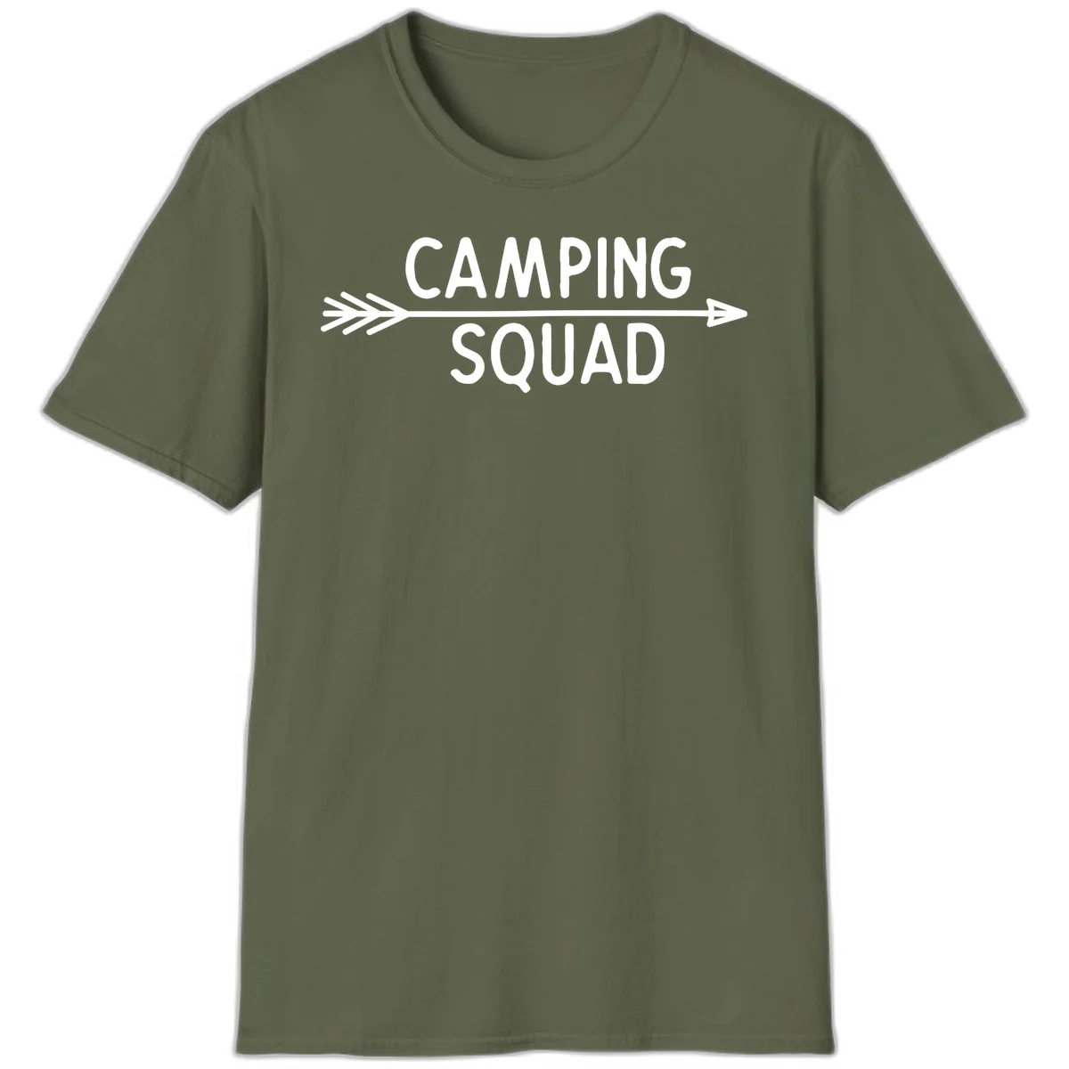 White text reading 'Camping Squad' with a horizontal arrow running through it on gray background in Military Green