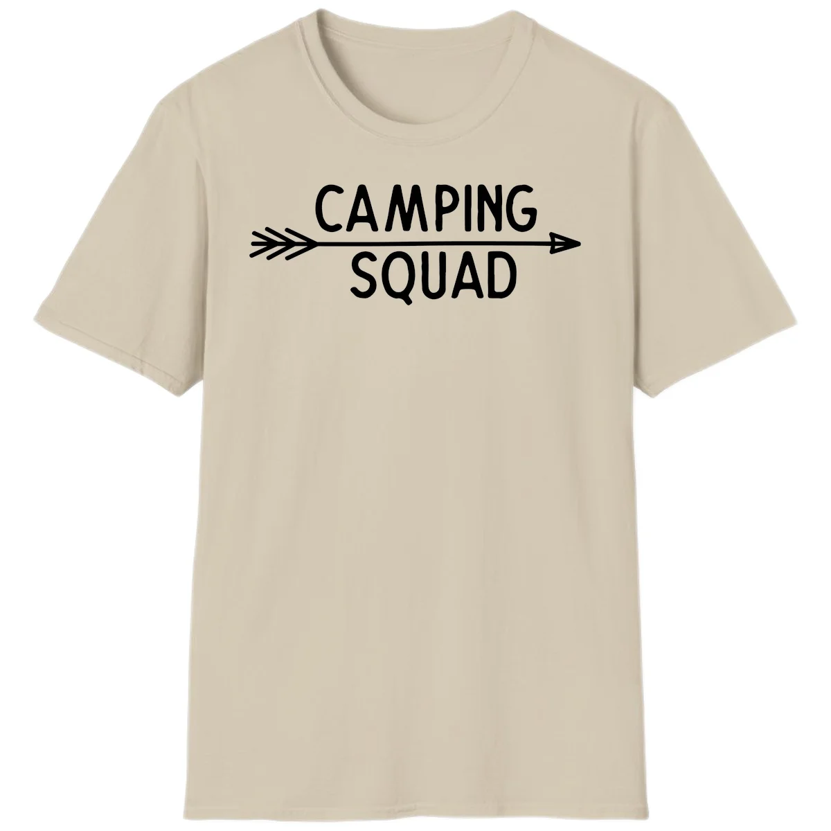 White text reading 'Camping Squad' with a horizontal arrow running through it on gray background in Sand