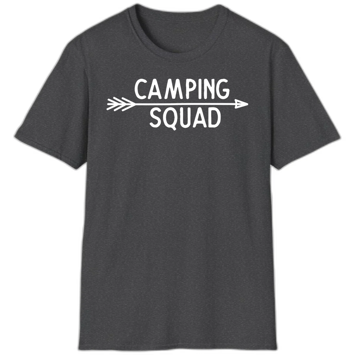 White text reading 'Camping Squad' with a horizontal arrow running through it on gray background in Dark Heather