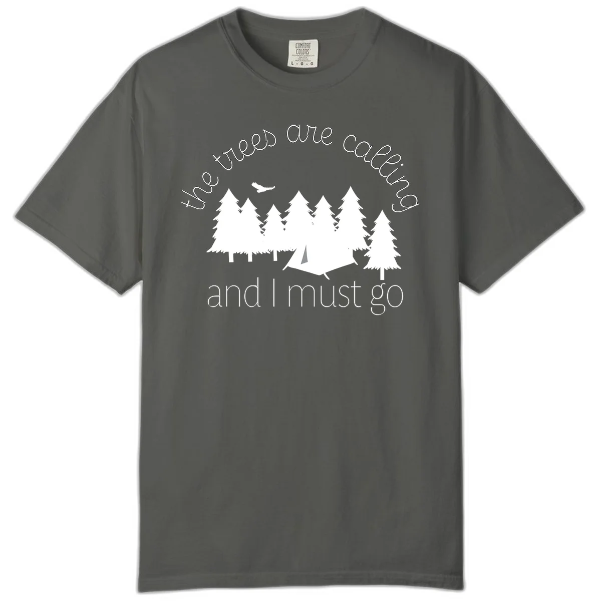 Minimalist camping design with evergreen trees, tent, and airplane with text 'The trees are calling and I must go' in Pepper