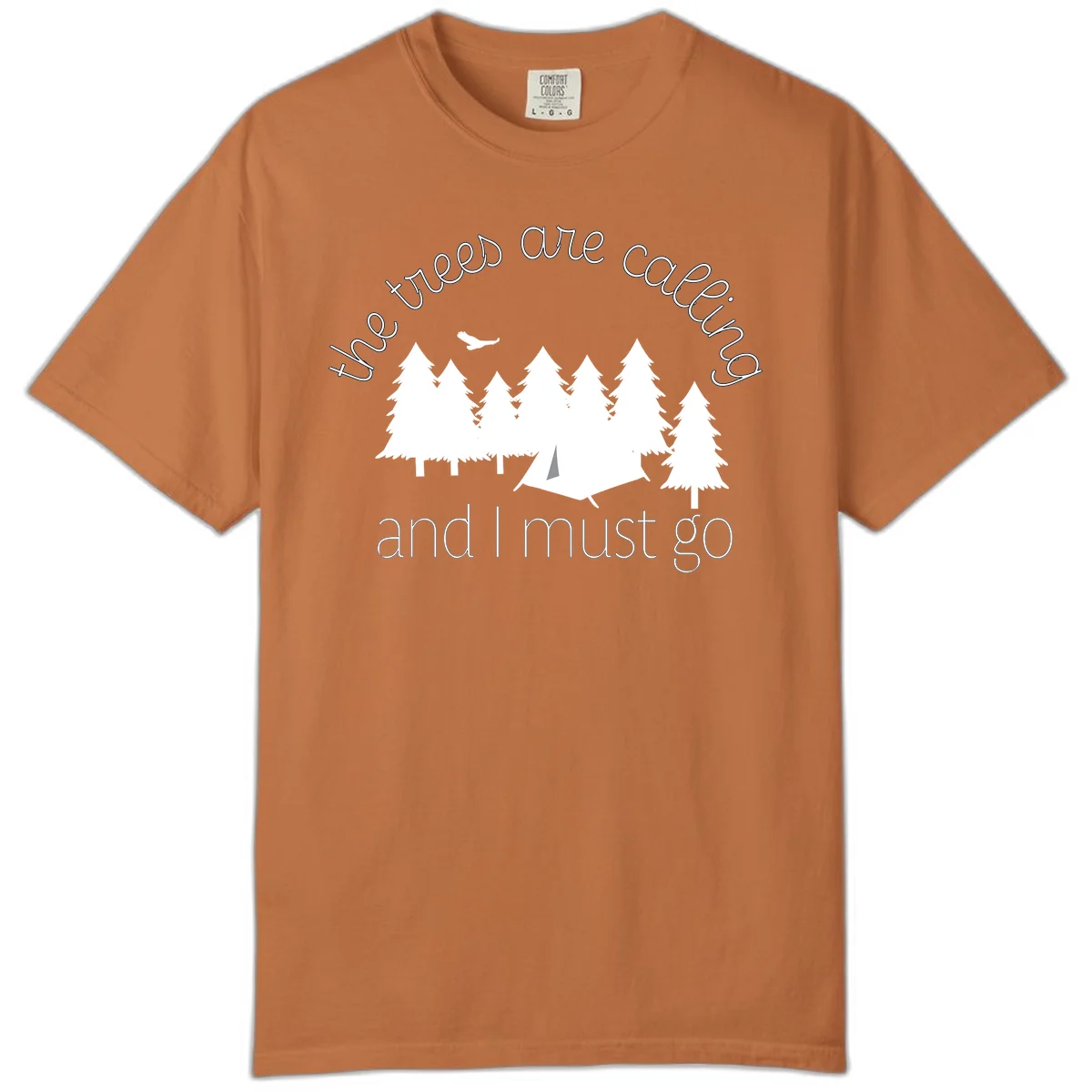 Minimalist camping design with evergreen trees, tent, and airplane with text 'The trees are calling and I must go' in Yam