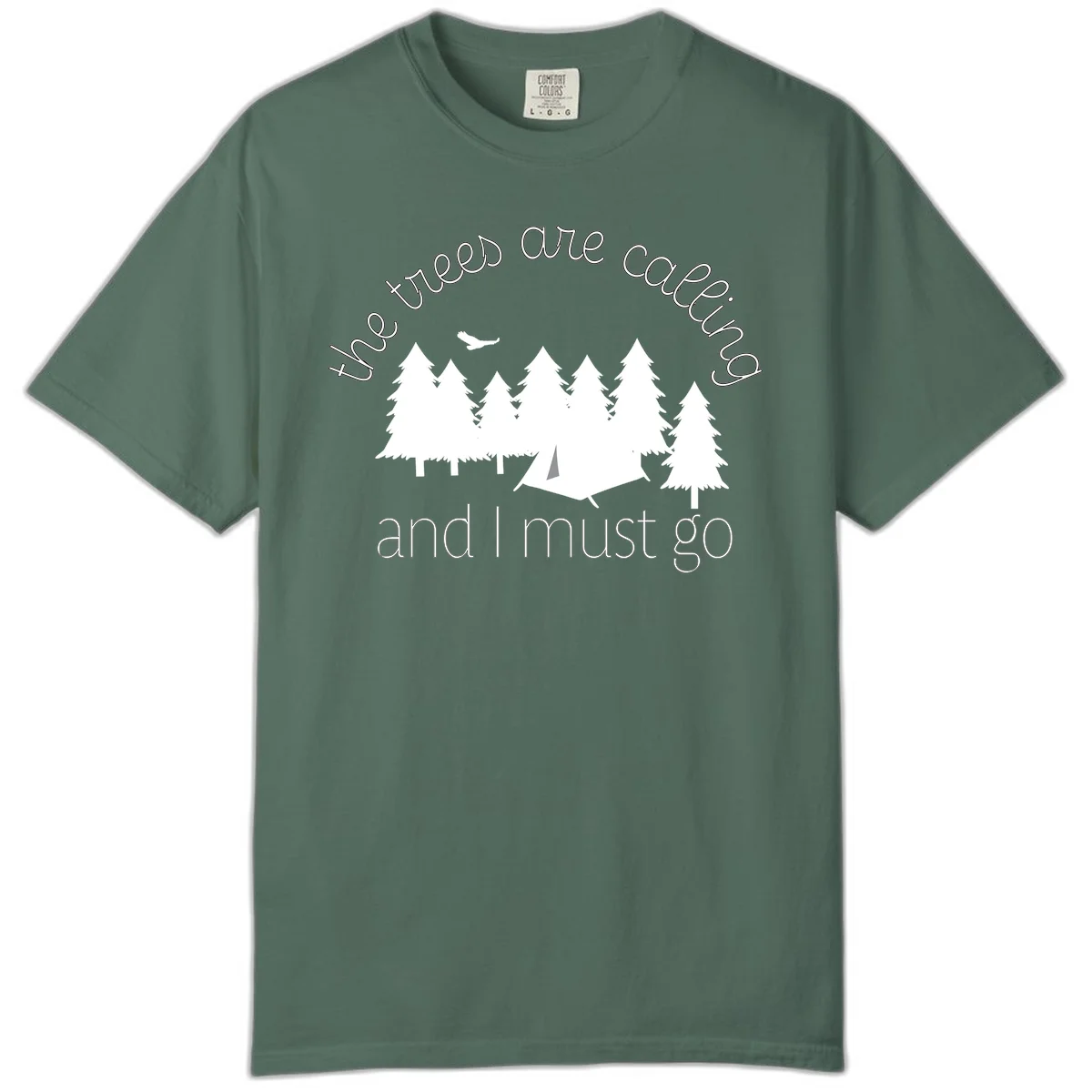 Minimalist camping design with evergreen trees, tent, and airplane with text 'The trees are calling and I must go' in Blue Spruce