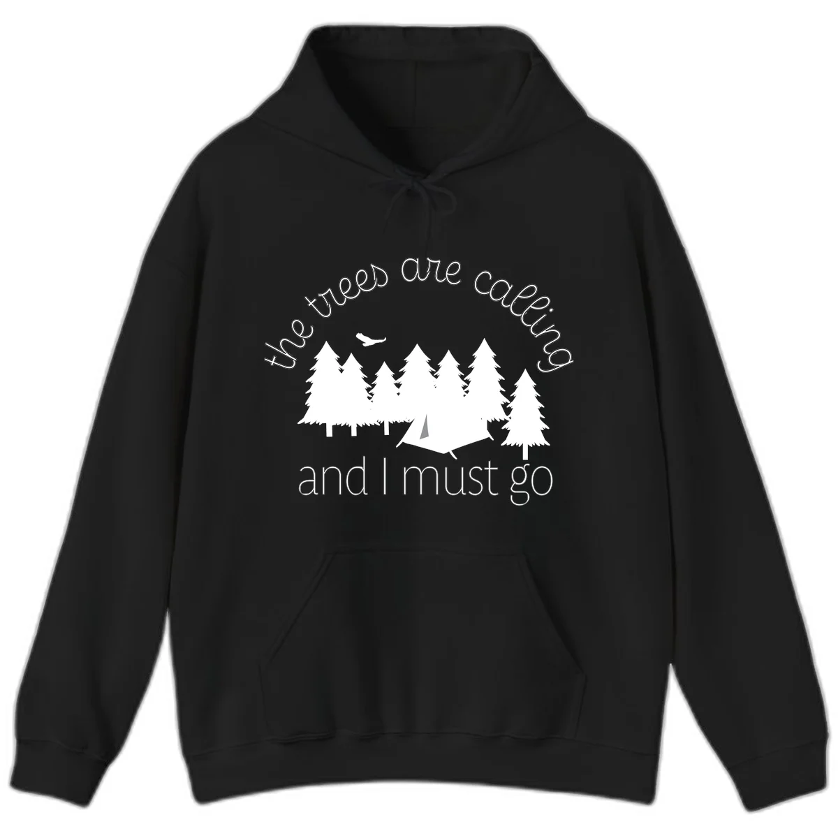 Minimalist camping design with evergreen trees, tent, and airplane with text 'The trees are calling and I must go' in Black