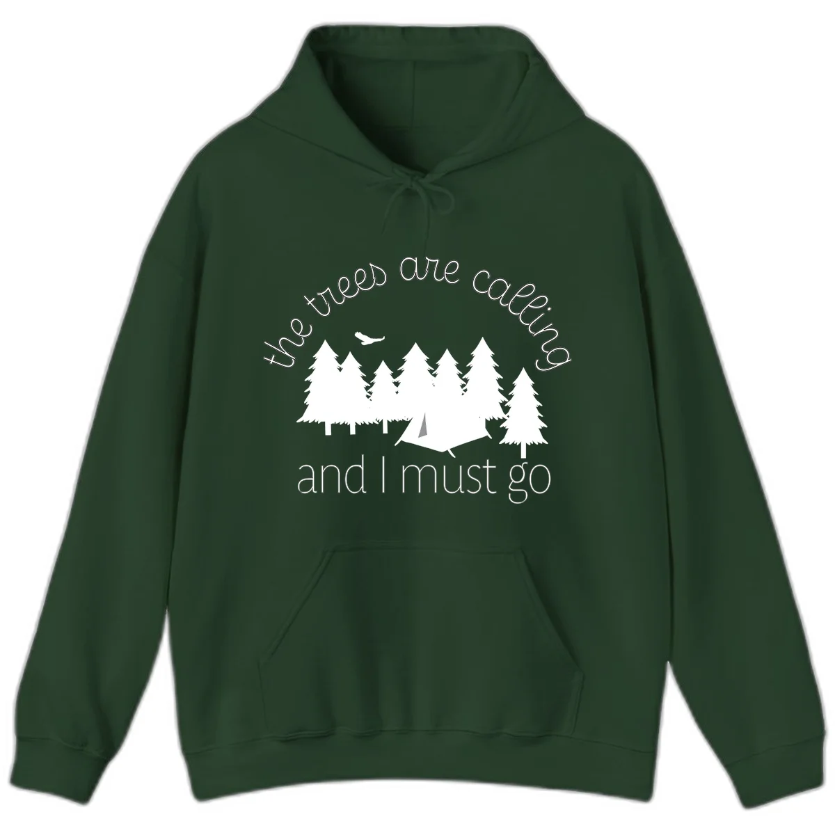 Minimalist camping design with evergreen trees, tent, and airplane with text 'The trees are calling and I must go' in Forest Green
