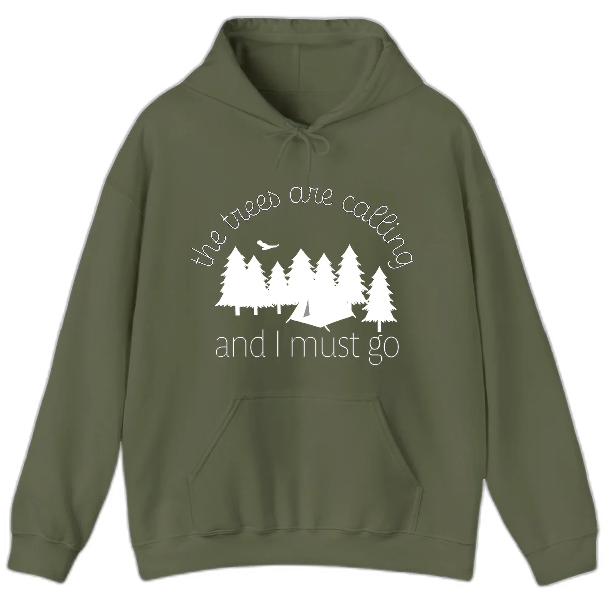 Minimalist camping design with evergreen trees, tent, and airplane with text 'The trees are calling and I must go' in Military Green