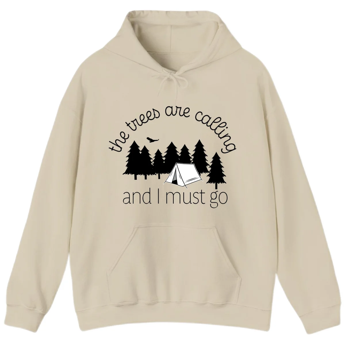 Minimalist camping design with evergreen trees, tent, and airplane with text 'The trees are calling and I must go' in Sand