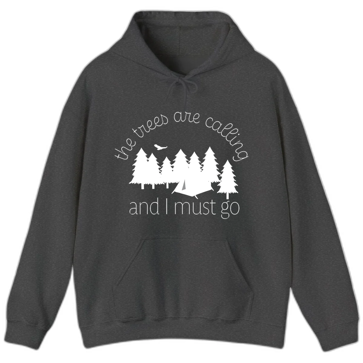 Minimalist camping design with evergreen trees, tent, and airplane with text 'The trees are calling and I must go' in Dark Heather
