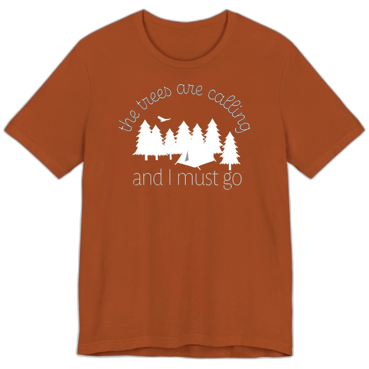 Minimalist camping design with evergreen trees, tent, and airplane with text 'The trees are calling and I must go' in Autumn