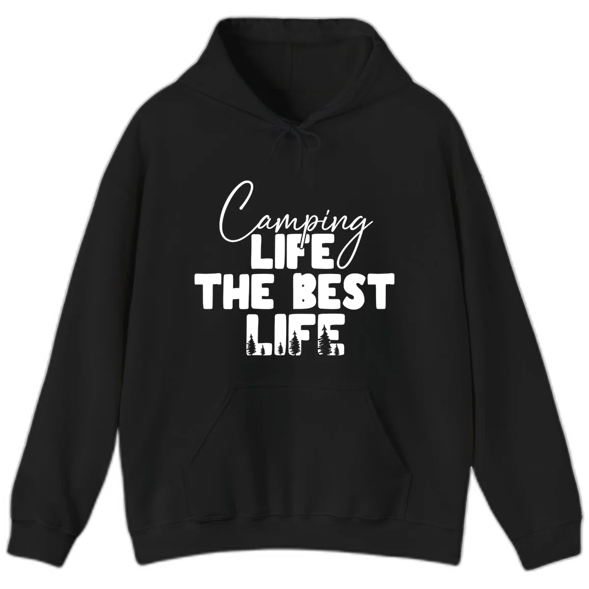 White text design reading 'Camping LIFE THE BEST LIFE' with pine tree silhouettes on gray background in Black