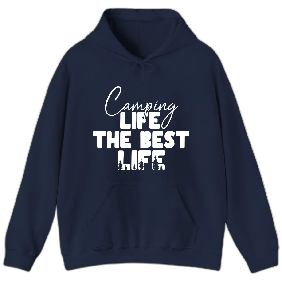 White text design reading 'Camping LIFE THE BEST LIFE' with pine tree silhouettes on gray background in Navy