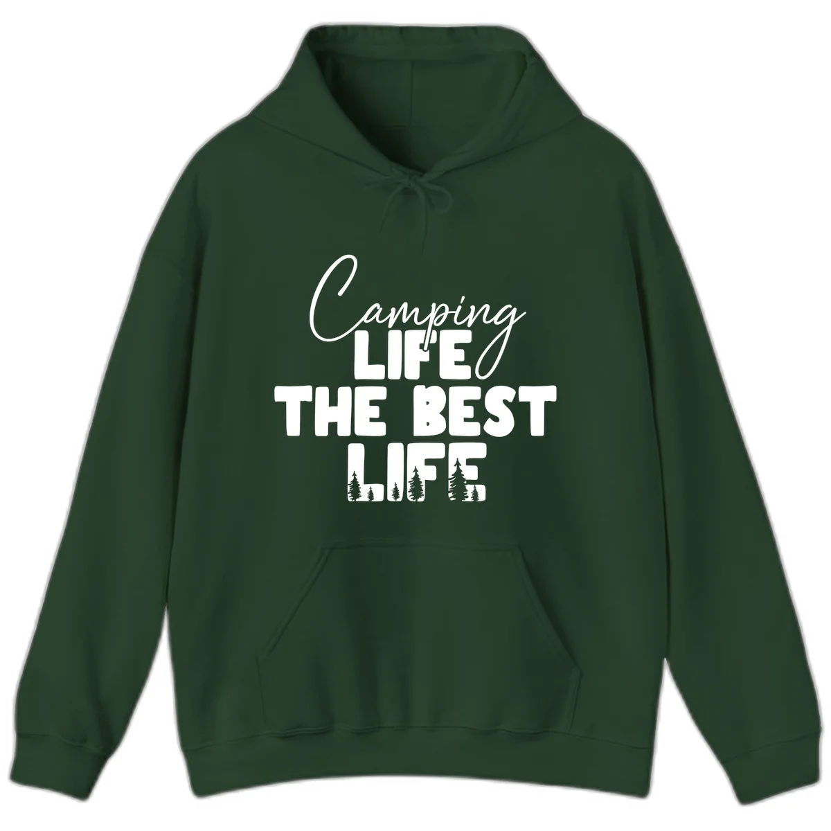 White text design reading 'Camping LIFE THE BEST LIFE' with pine tree silhouettes on gray background in Forest Green