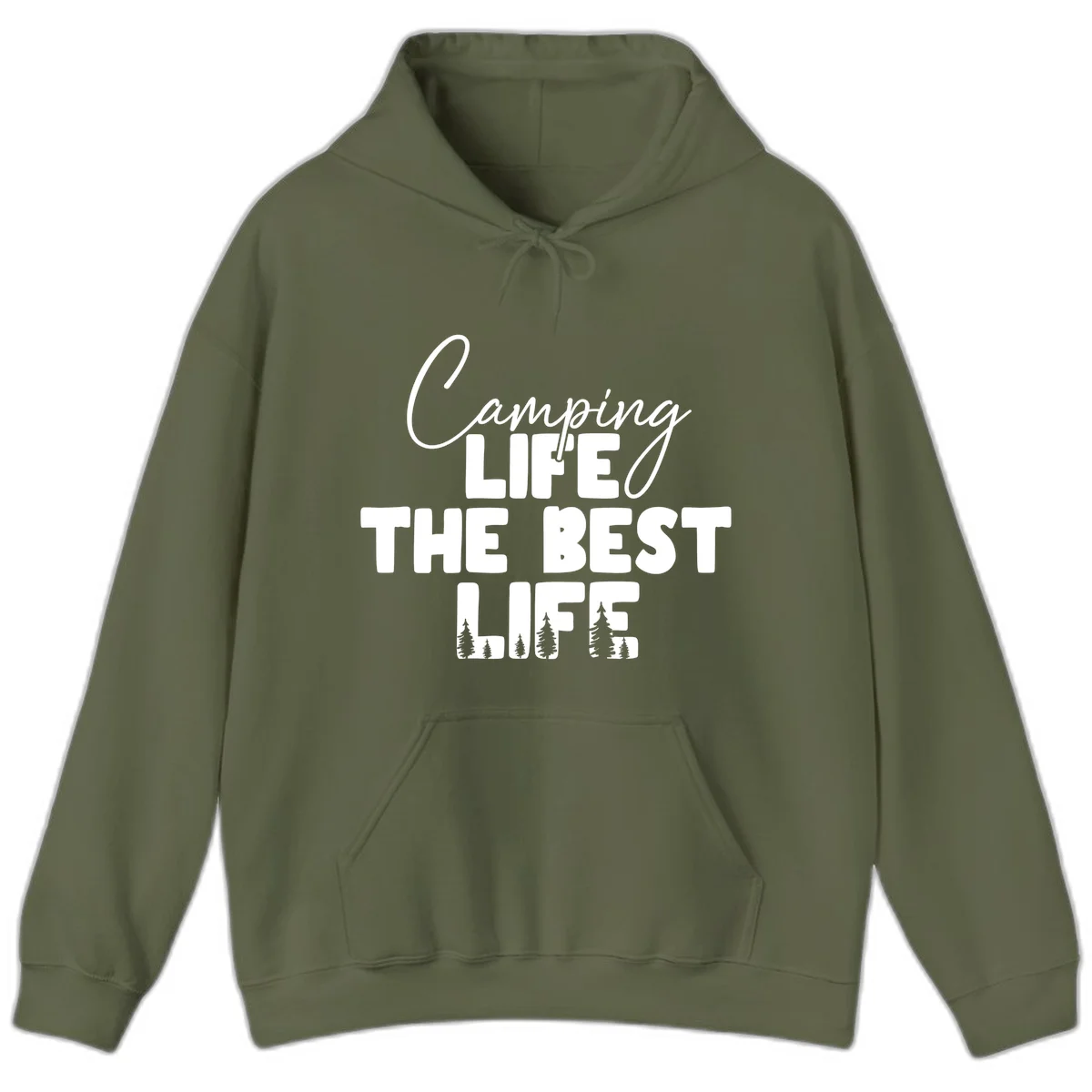 White text design reading 'Camping LIFE THE BEST LIFE' with pine tree silhouettes on gray background in Military Green