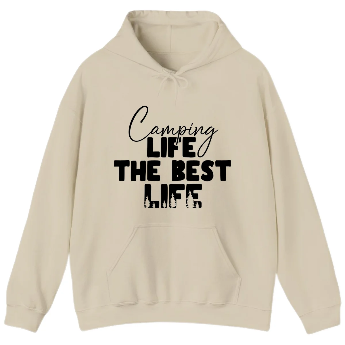 White text design reading 'Camping LIFE THE BEST LIFE' with pine tree silhouettes on gray background in Sand