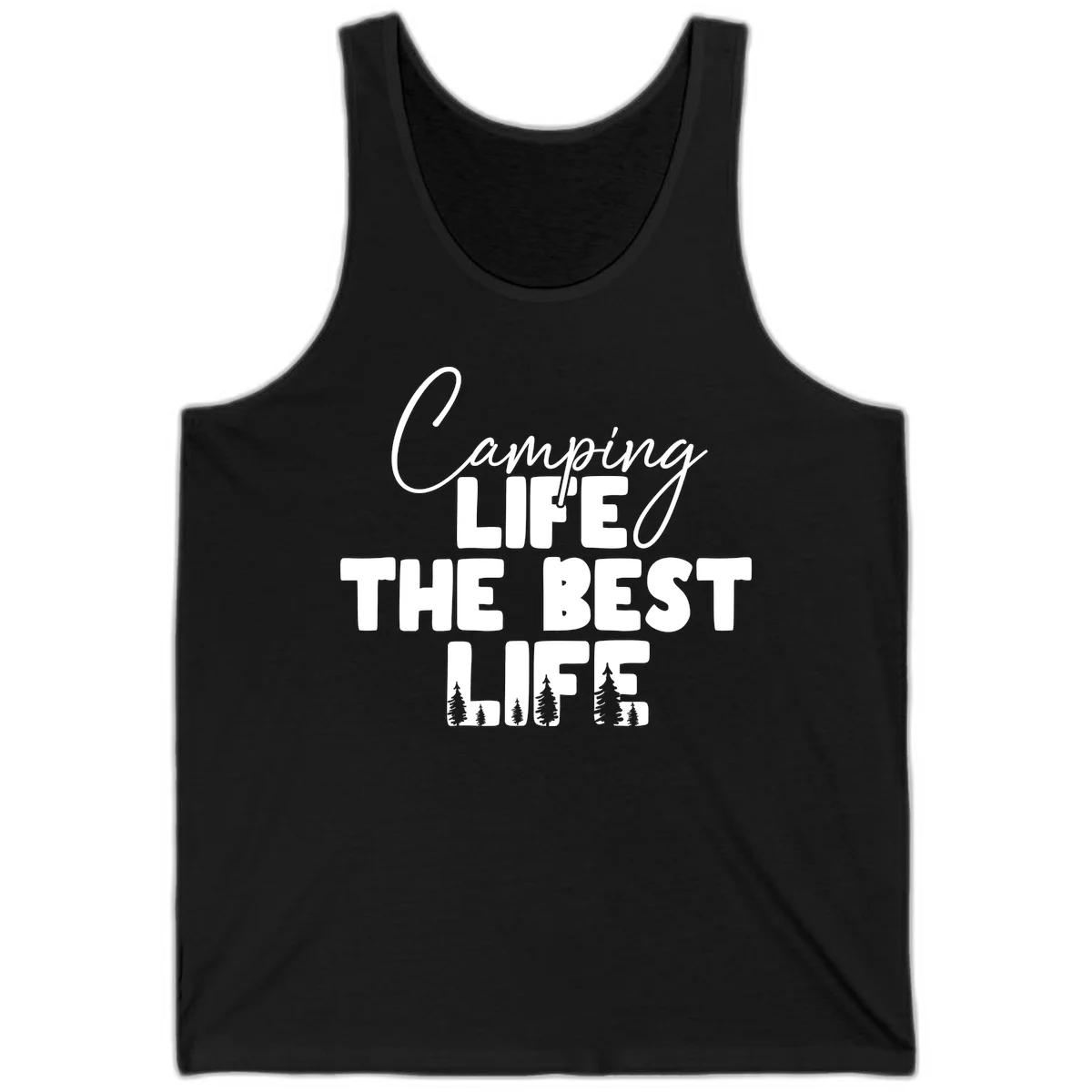 White text design reading 'Camping LIFE THE BEST LIFE' with pine tree silhouettes on gray background in Black