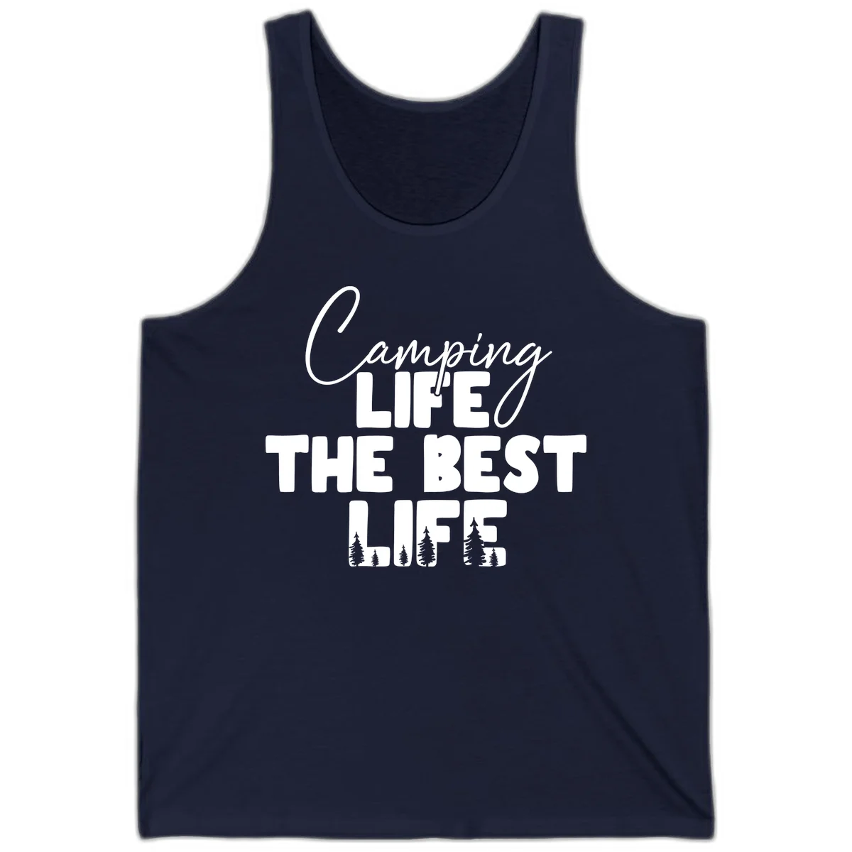 White text design reading 'Camping LIFE THE BEST LIFE' with pine tree silhouettes on gray background in Navy