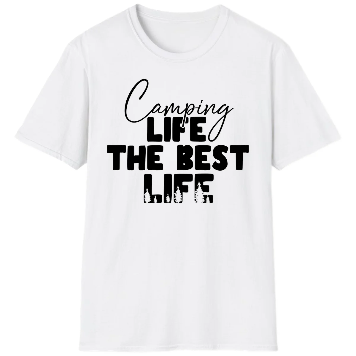 White text design reading 'Camping LIFE THE BEST LIFE' with pine tree silhouettes on gray background in White