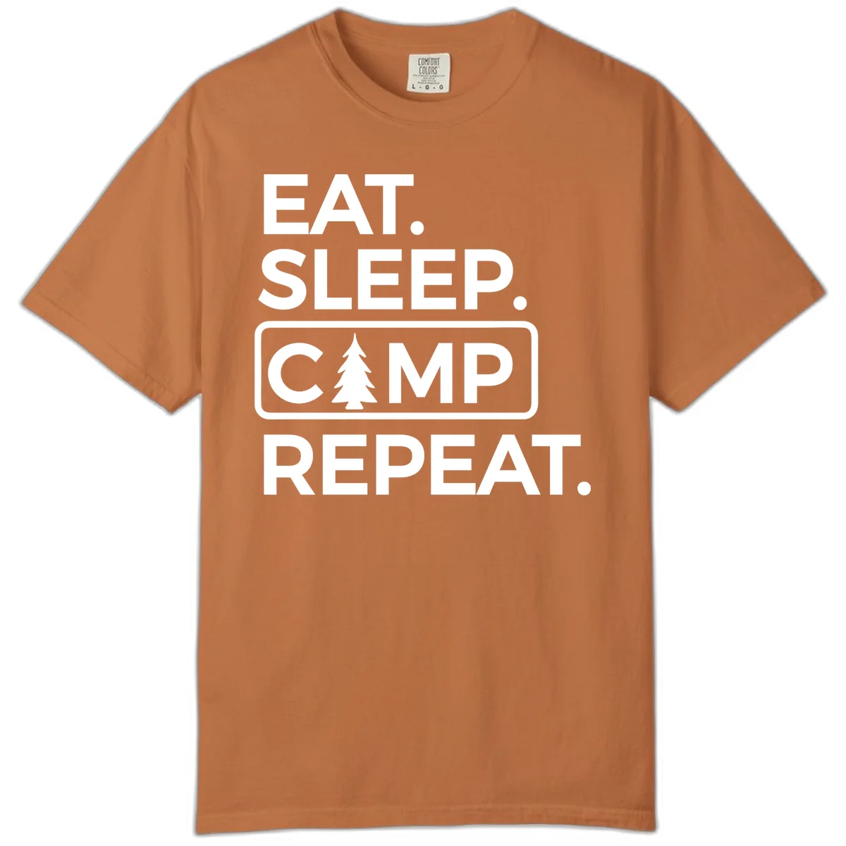 White text design reading 'EAT. SLEEP. CAMP. REPEAT.' with an evergreen tree icon, on gray background in Yam