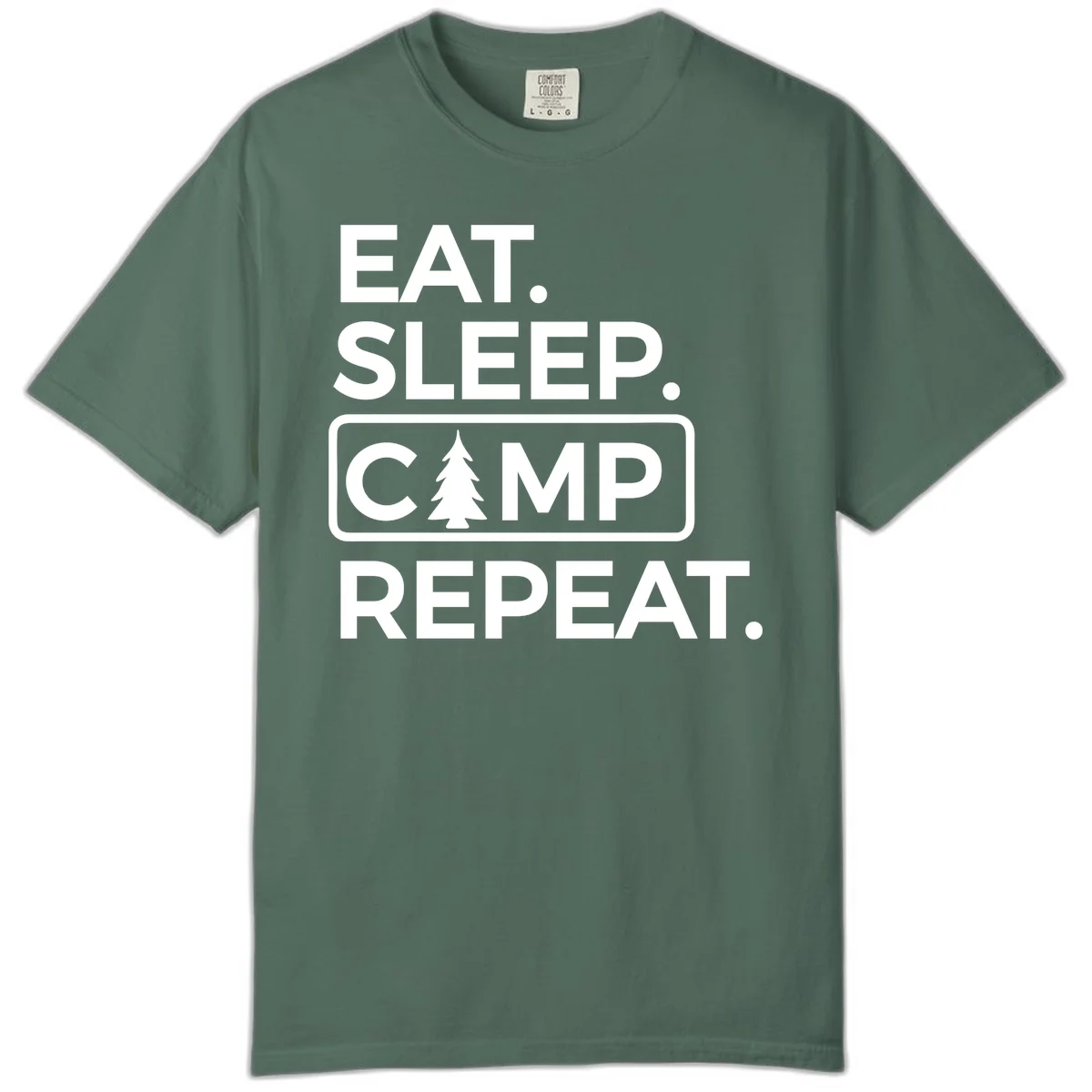 White text design reading 'EAT. SLEEP. CAMP. REPEAT.' with an evergreen tree icon, on gray background in Blue Spruce