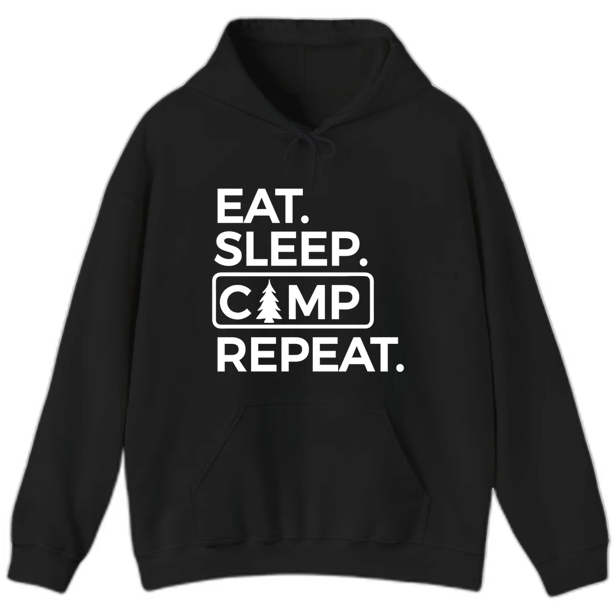 White text design reading 'EAT. SLEEP. CAMP. REPEAT.' with an evergreen tree icon, on gray background in Black