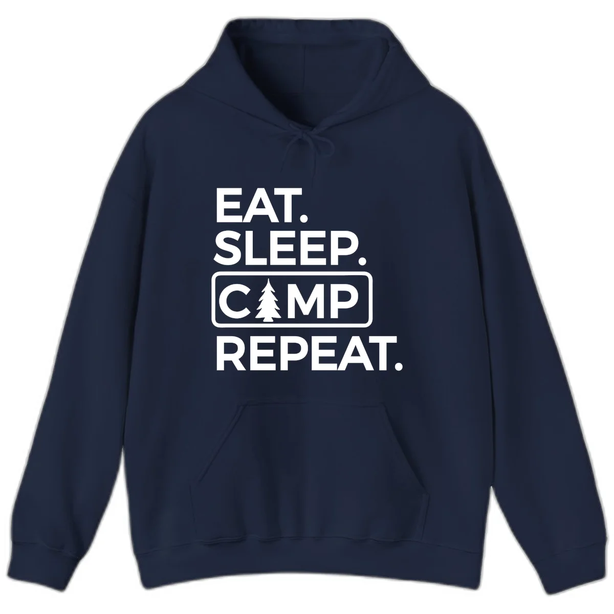 White text design reading 'EAT. SLEEP. CAMP. REPEAT.' with an evergreen tree icon, on gray background in Navy