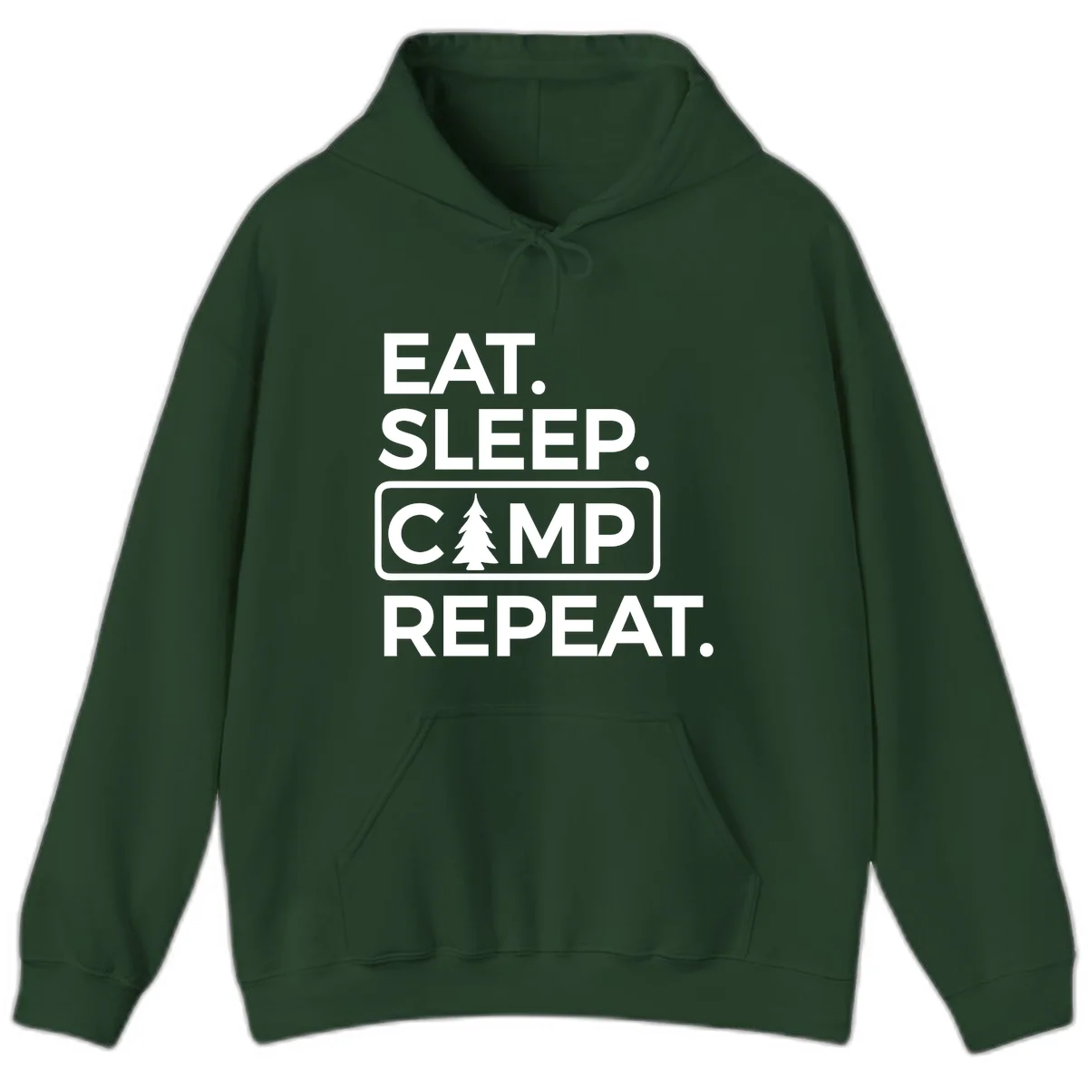 White text design reading 'EAT. SLEEP. CAMP. REPEAT.' with an evergreen tree icon, on gray background in Forest Green