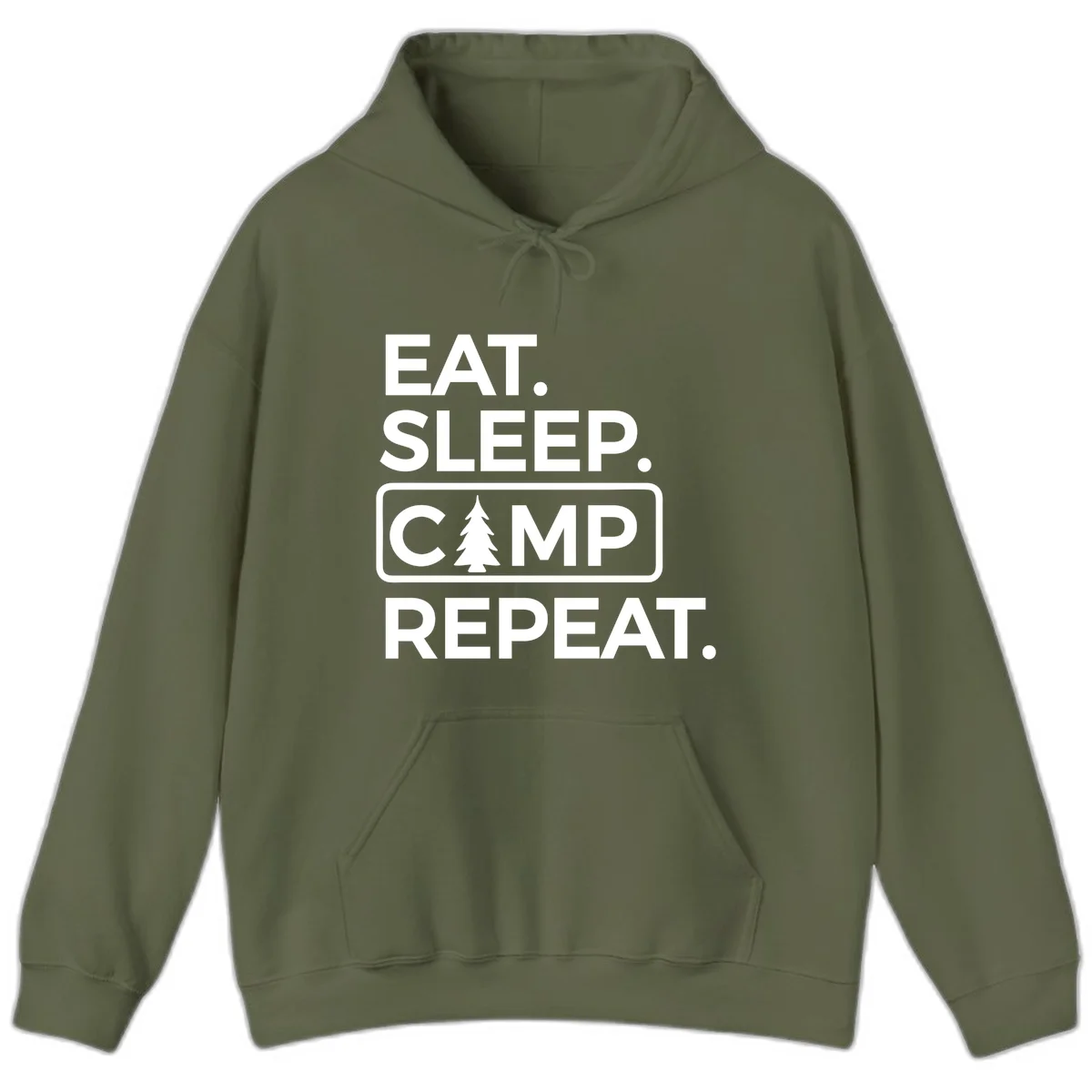White text design reading 'EAT. SLEEP. CAMP. REPEAT.' with an evergreen tree icon, on gray background in Military Green