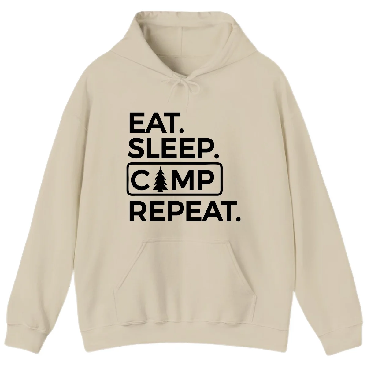 White text design reading 'EAT. SLEEP. CAMP. REPEAT.' with an evergreen tree icon, on gray background in Sand