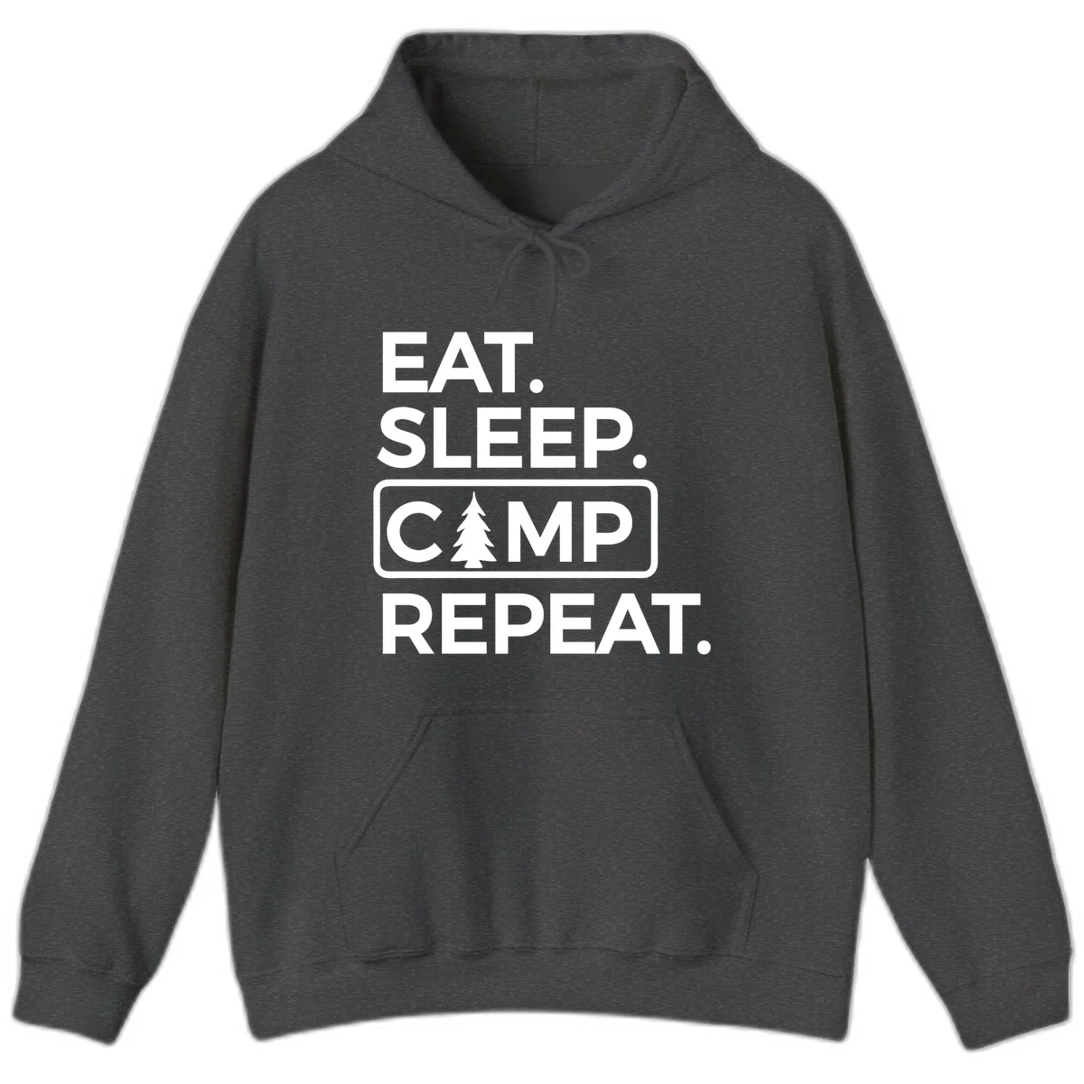 White text design reading 'EAT. SLEEP. CAMP. REPEAT.' with an evergreen tree icon, on gray background in Dark Heather