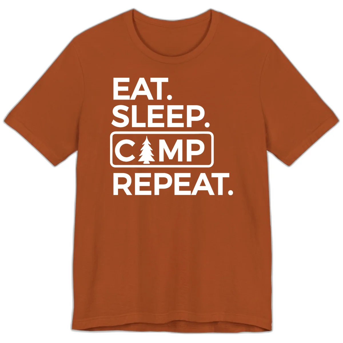 White text design reading 'EAT. SLEEP. CAMP. REPEAT.' with an evergreen tree icon, on gray background in Autumn