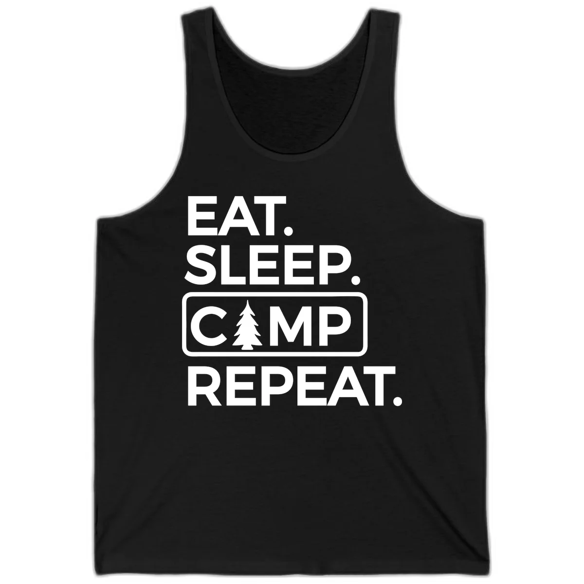 White text design reading 'EAT. SLEEP. CAMP. REPEAT.' with an evergreen tree icon, on gray background in Black