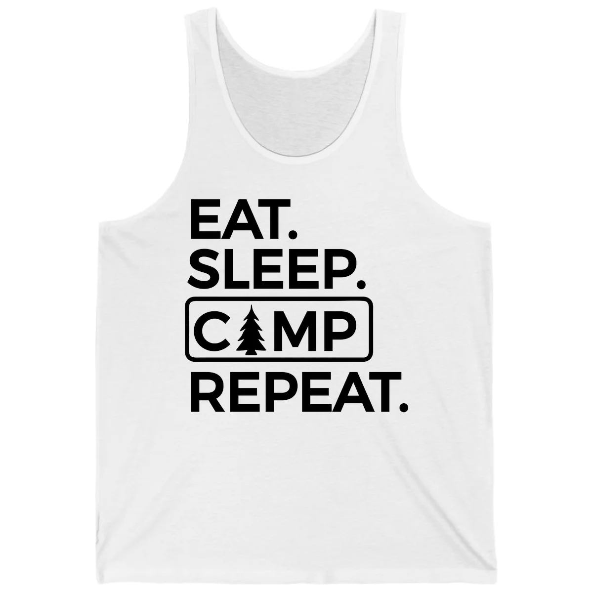 White text design reading 'EAT. SLEEP. CAMP. REPEAT.' with an evergreen tree icon, on gray background in White
