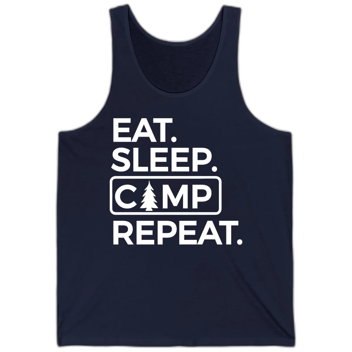 White text design reading 'EAT. SLEEP. CAMP. REPEAT.' with an evergreen tree icon, on gray background in Navy