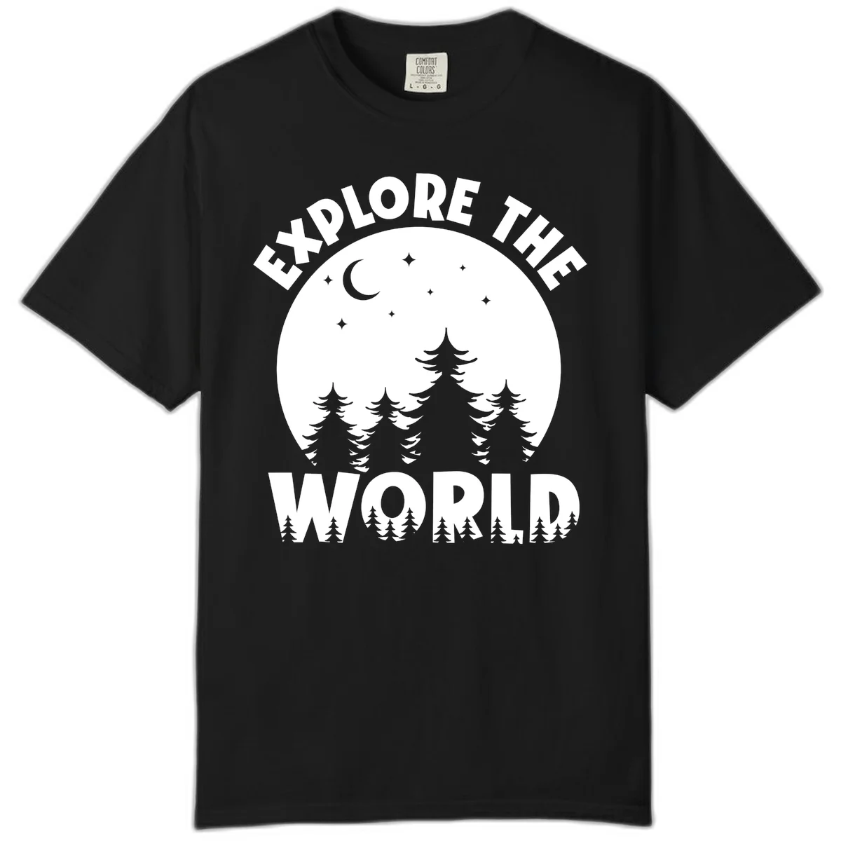 Silhouetted evergreen forest beneath a crescent moon and stars with 'Explore The World' text in a circular nighttime camping design in Black