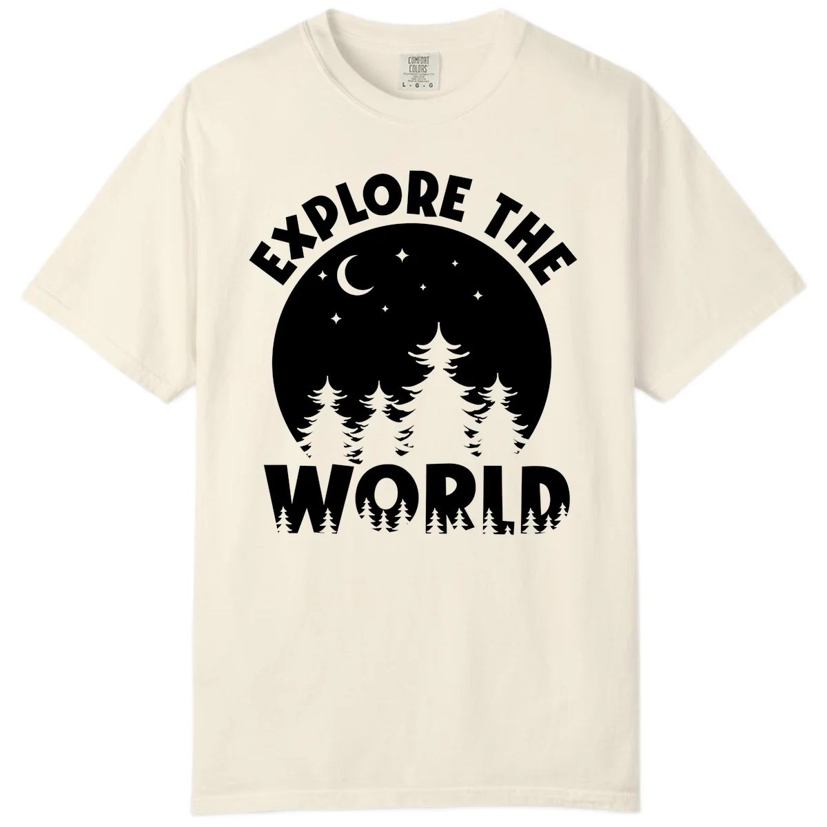 Silhouetted evergreen forest beneath a crescent moon and stars with 'Explore The World' text in a circular nighttime camping design in Ivory