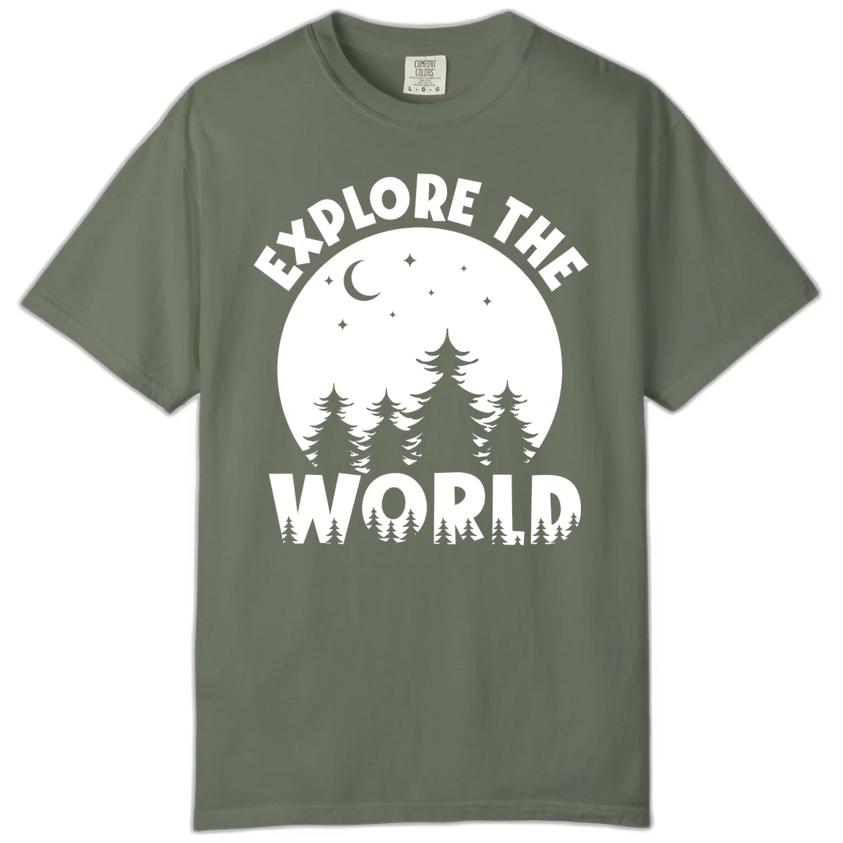 Silhouetted evergreen forest beneath a crescent moon and stars with 'Explore The World' text in a circular nighttime camping design in Moss