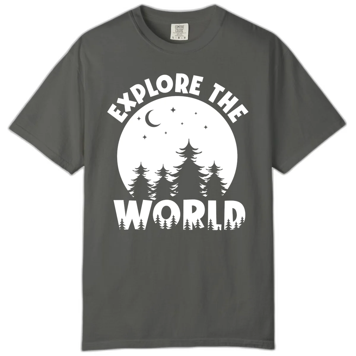 Silhouetted evergreen forest beneath a crescent moon and stars with 'Explore The World' text in a circular nighttime camping design in Pepper