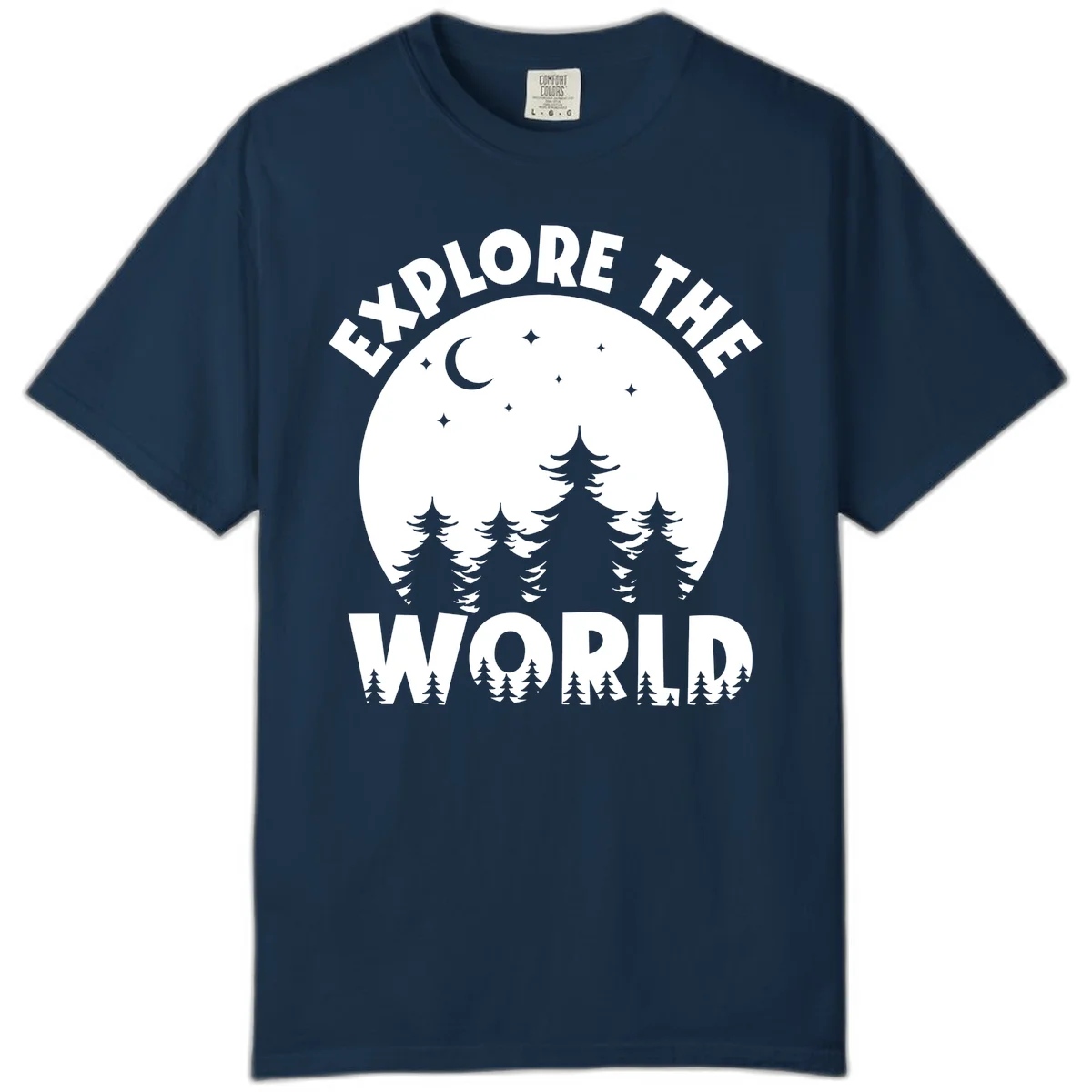 Silhouetted evergreen forest beneath a crescent moon and stars with 'Explore The World' text in a circular nighttime camping design in True Navy