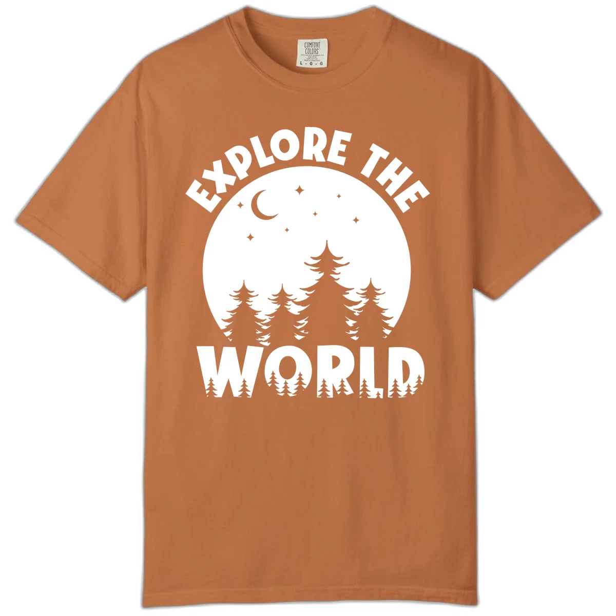 Silhouetted evergreen forest beneath a crescent moon and stars with 'Explore The World' text in a circular nighttime camping design in Yam