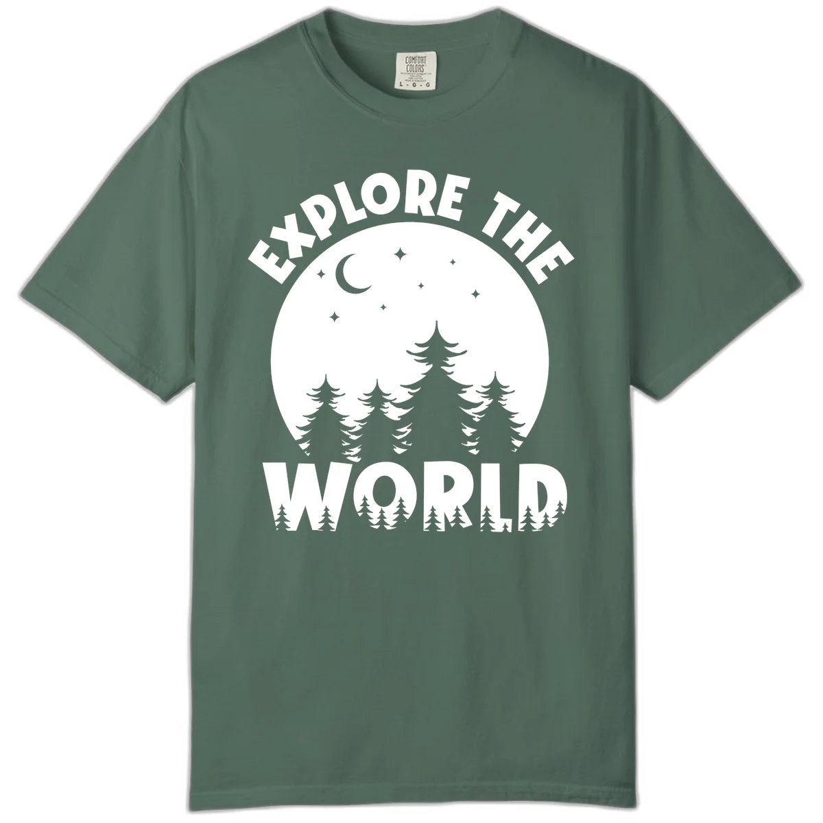Silhouetted evergreen forest beneath a crescent moon and stars with 'Explore The World' text in a circular nighttime camping design in Blue Spruce