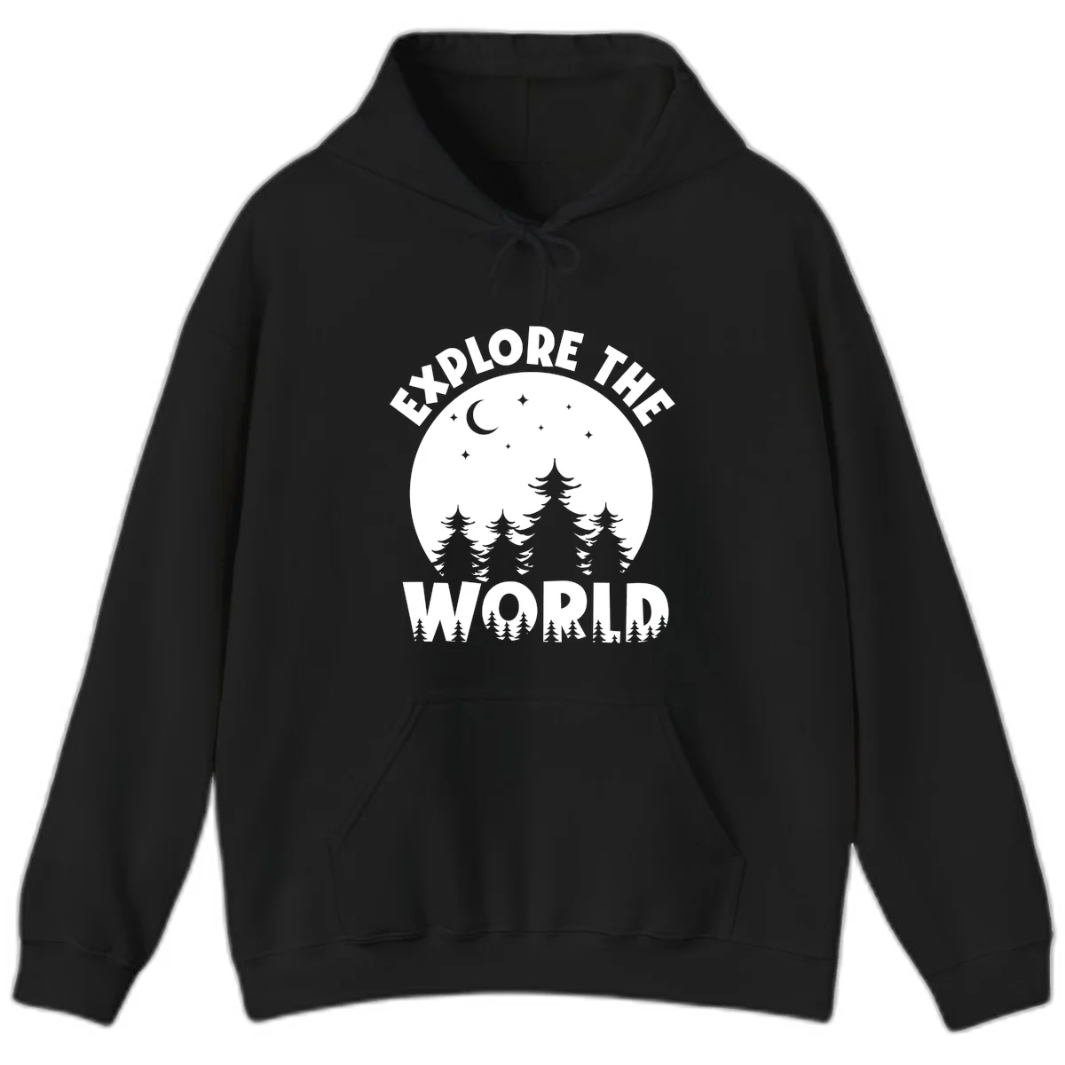 Silhouetted evergreen forest beneath a crescent moon and stars with 'Explore The World' text in a circular nighttime camping design in Black
